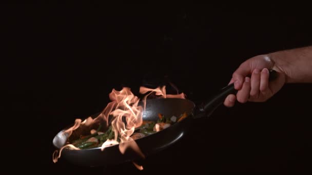 Flaming Stirfry Slow Motion — Stock Video