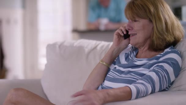 Senior Woman Living Room Talking Cell Phone — Stock Video