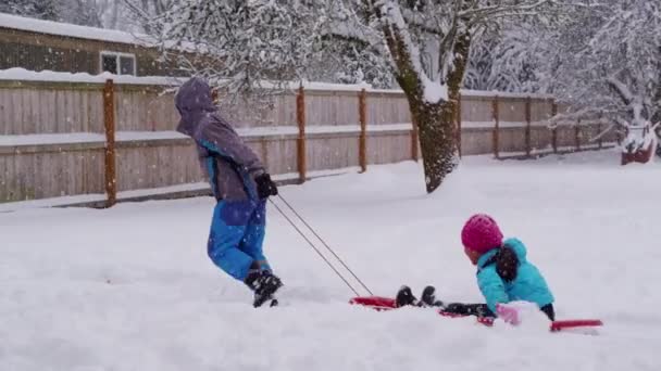 Bambini Che Tirano Slitta Nella Neve — Video Stock