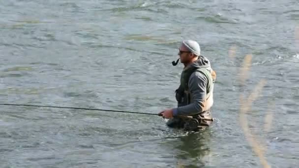 Hombre Pesca Con Mosca Río — Vídeos de Stock