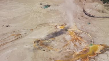 Yellowstone Ulusal Parkı, Wyoming. Yellowstone Ulusal Parkı 'ndaki kaplıca manzarası. Helikopterden Shotover gimbal ve RED 8K kamera ile çekildi..