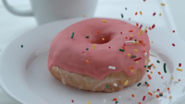 Polvilhas Caindo Donut Câmera Lenta — Vídeo de Stock