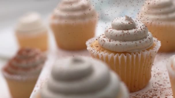 Κανέλα Πασπαλισμένη Cupcakes Βανίλιας Εξαιρετικά Αργή Κίνηση Τραβηγμένη Στο Phantom — Αρχείο Βίντεο