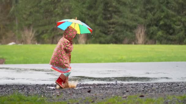 Young Girl Umbrella Playing Rain Slow Motion Shot Phantom Flex — Stock Video