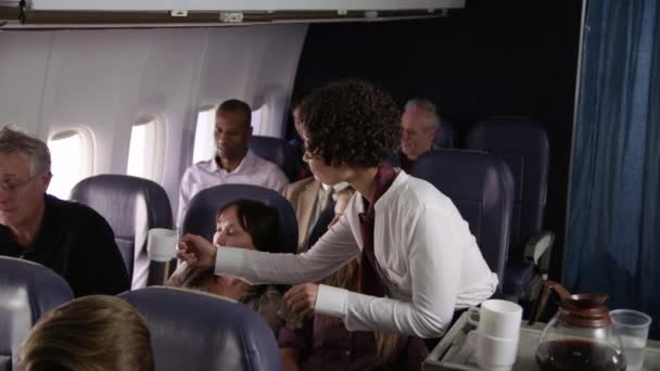 Stewardessa Serwująca Napoje Pasażerom Linii Lotniczych — Wideo stockowe