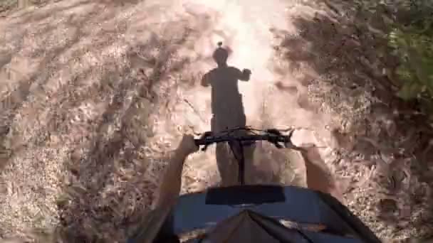 Pov Action Camera Shot Man Riding Mountain Bike — стоковое видео