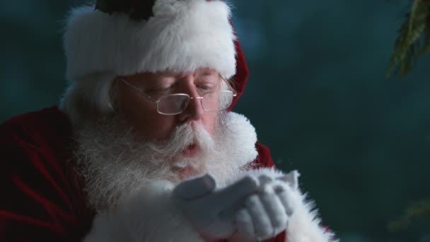 Санта Клаус Выдувает Снег Рук Замедленной Съемке Phantom Flex — стоковое видео
