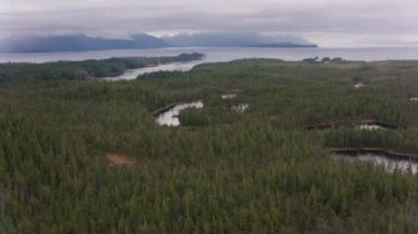 Alaska - yaklaşık 2018: Alaska kıyıları boyunca körfez ve adaların üzerinde uçmak. Helikopterden Cineflex gimbal ve RED Epic-W kamerasıyla çekildi..