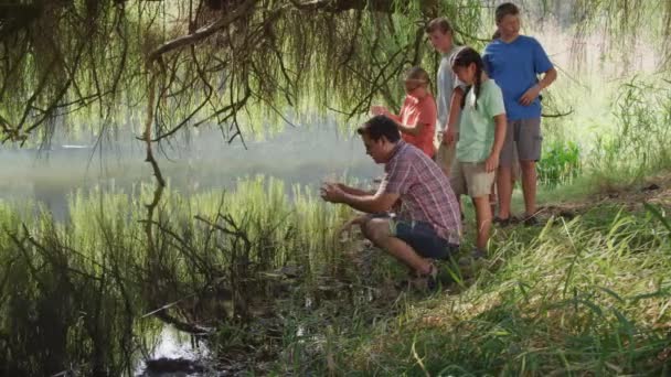 Kinder Der Outdoor Schule Bekommen Wasserproben Aus Teich — Stockvideo