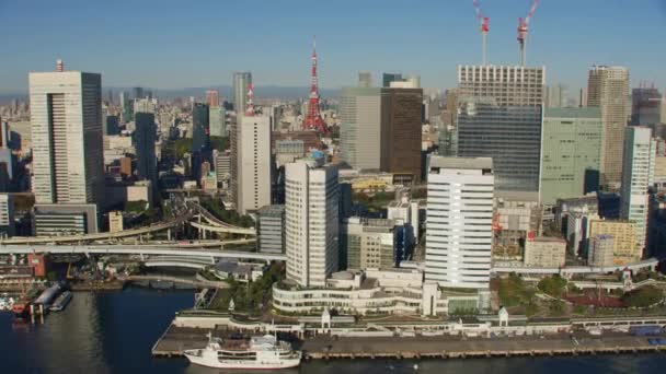 日本东京 2018年左右 东京市海滨与东京塔 用红色摄像机从直升机上拍的 — 图库视频影像