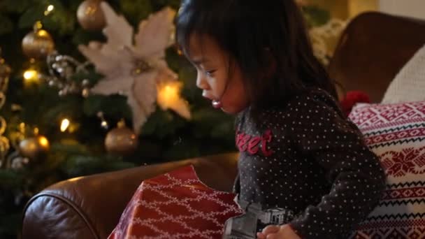 年轻姑娘在圣诞节开礼物 — 图库视频影像