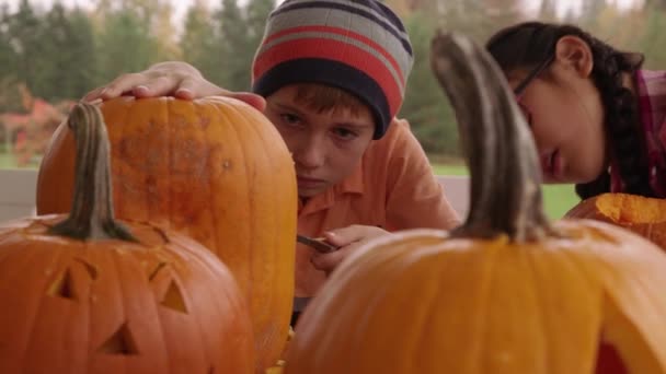 Jeune Garçon Sculptant Citrouille Pour Halloween — Video