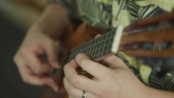 Primer Plano Del Hombre Tocando Ukelele Hawaii — Vídeo de stock