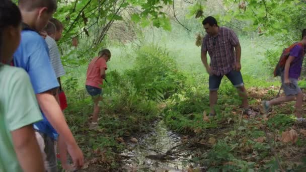 Crianças Acampamento Verão Cruzam Pequeno Riacho Caminhada Pela Natureza — Vídeo de Stock