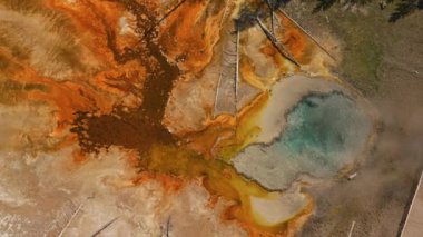 Yellowstone Ulusal Parkı, Wyoming. Yellowstone Ulusal Parkı 'nın havadan görünüşü. Helikopterden Shotover gimbal ve RED 8K kamera ile çekildi..