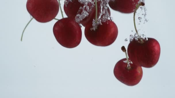 Fotografía Cámara Lenta Cerezas Salpicando Agua Filmada Con Cámara Phantom — Vídeos de Stock