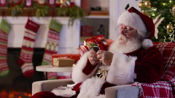 サンタクロースは携帯電話でテキストメッセージ — ストック動画