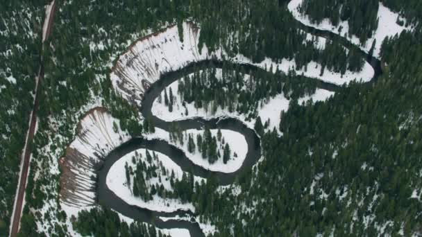 Aerial View Winding River Winter Northern California — Stock Video
