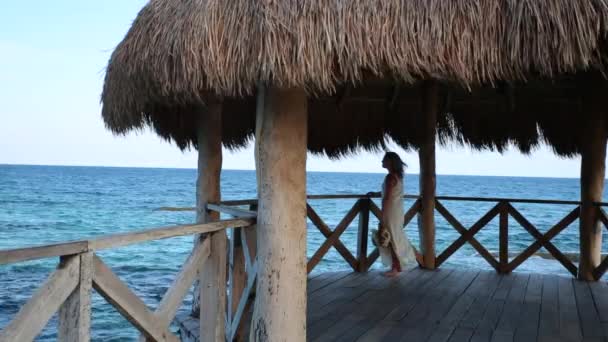 Kvinnan Står Piren Tropisk Resort — Stockvideo