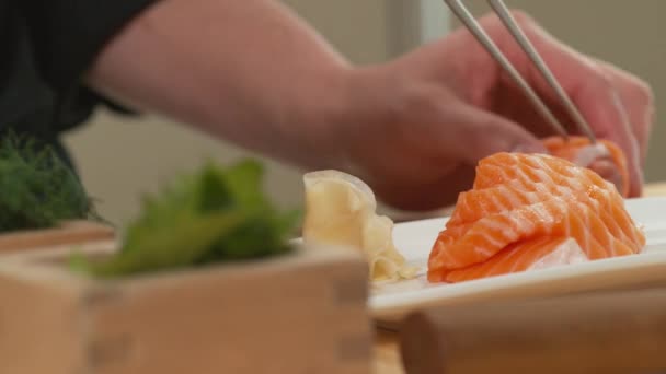 Sushi Chef Rolling Salmon Fish Placing Tray Garnish — Stock Video