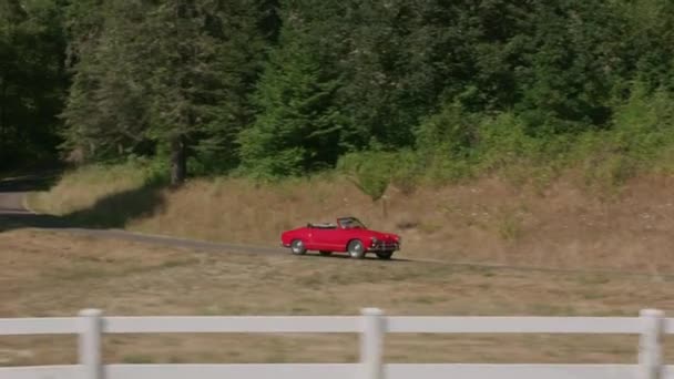 Tracking Shot Man Driving Classic Convertible Car Fence Lined Driveway — Stock Video