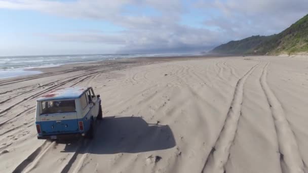 Plajda Klasik Bir Araçla Gezen Bir Grup Arkadaşın Hava Görüntüsü — Stok video