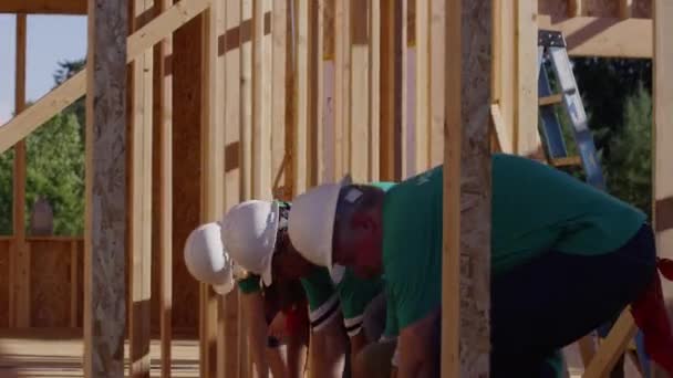 Wolontariusze Współpracując Aby Podnieść Ścianę Projekt Budowlany — Wideo stockowe