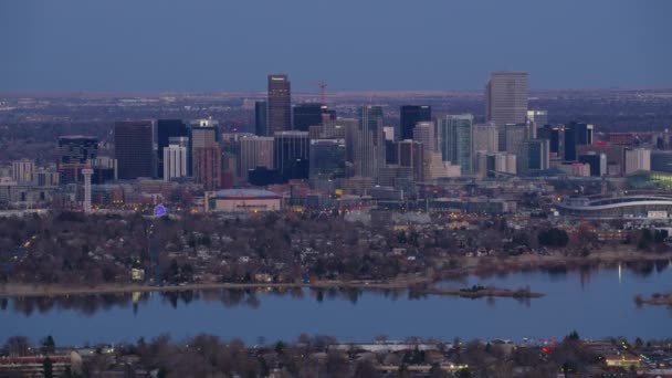 Denver Colorado Circa 2017 Aerial View Downtown Denver Dusk Sloan — Stock Video