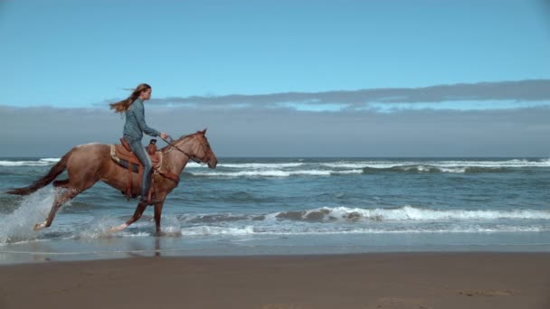 Super Zeitlupe Einer Reiterin Strand Von Oregon Aufgenommen Auf Phantom — Stockvideo