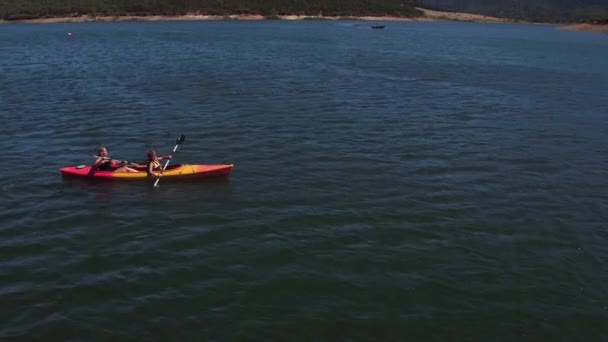 Vista Aérea Mãe Filho Remando Canoa Lago — Vídeo de Stock