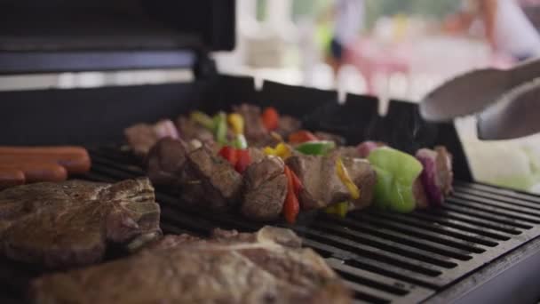 Arka Bahçedeki Barbekü Izgarasında Biftek Şiş Yakın Çekim — Stok video
