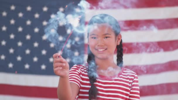 Girl Waving Sparkler Fourth July — Stock video