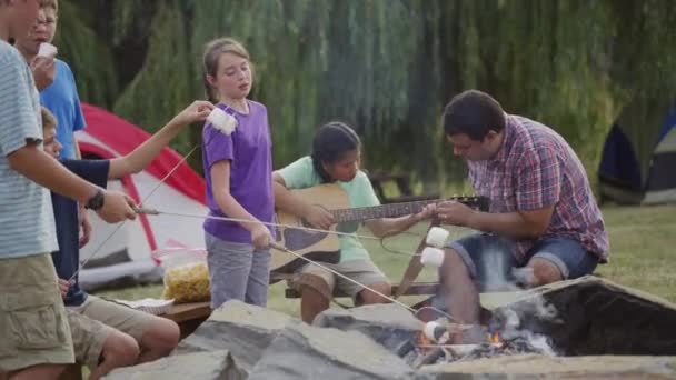 Anak Anak Kamp Musim Panas Sekitar Api Unggun — Stok Video