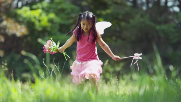 Girl Fairy Princess Costume Running Grass Shot Phantom Flex — Stock Video