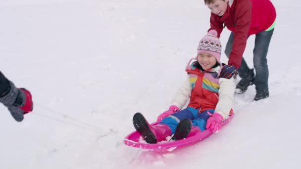 Barn Som Leker Dytter Slede Vintersnø – stockvideo