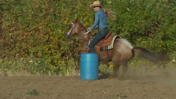 Vrouw Paard Gaat Rond Vat Super Slow Motion — Stockvideo