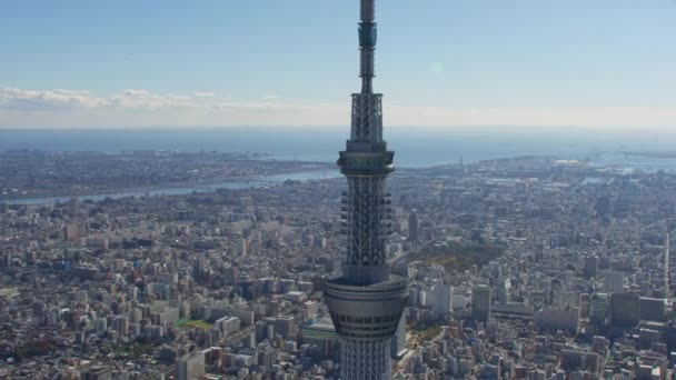 日本約2018年 東京スカイツリーの空中クローズアップ レッドカメラでヘリコプターから撃たれた — ストック動画