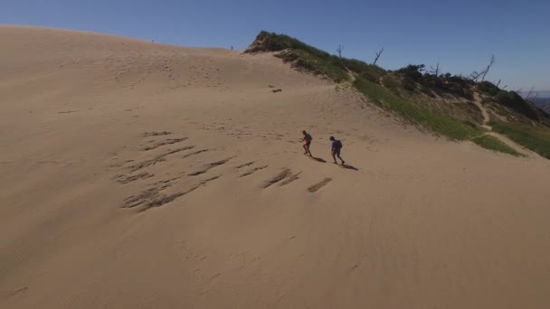 Veduta Aerea Coppia Escursioni Dune Sabbia Spiaggia — Video Stock