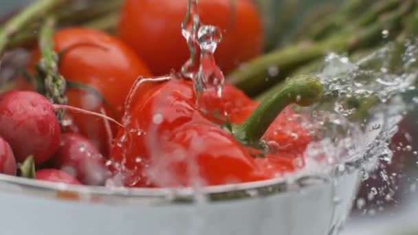 Agua Salpicando Sobre Verduras Cámara Súper Lenta Filmada Con Cámara — Vídeo de stock