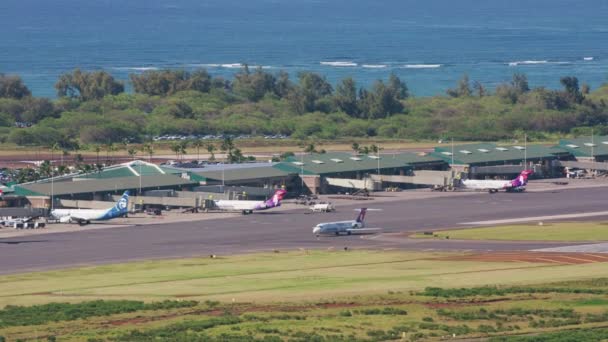 2018年頃 ハワイ州マウイ島 マウイ島のカフルイ空港の空中ビュー CineflexとRed Epic Heliumで撮影 — ストック動画