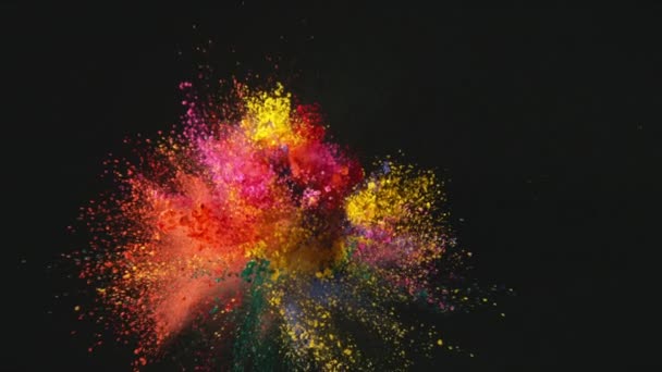 Красочный Порошок Взрывается Черном Фоне Супер Замедленной Съемке Снятый Помощью — стоковое видео
