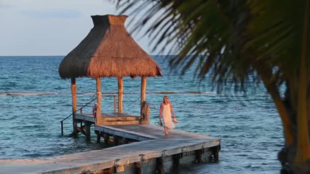 Woman Walks Pier Tropical Resort — Stock Video
