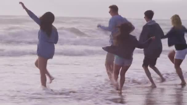 ビーチで一緒に走っている友人のグループ — ストック動画