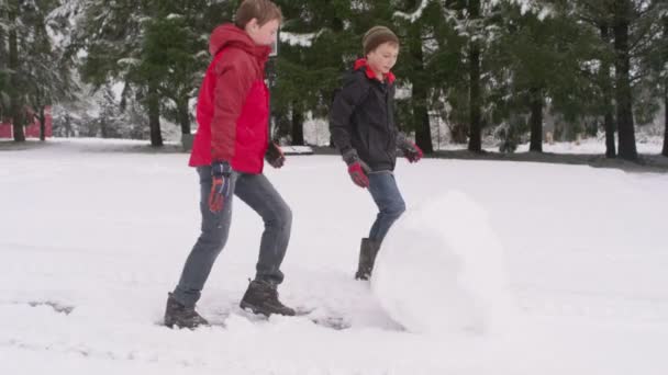 Due Ragazzi Che Rotolano Una Palla Neve Inverno — Video Stock