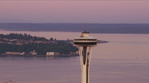 Сиэтл Вашингтон 2017 Год Вид Воздуха Космической Иглы Сиэтла Восходе — стоковое видео