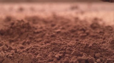 Çikolata trüf mantarı çikolata tozunun içine süper yavaş çekimde düşüyor. Phantom Flex 4K yüksek hızlı kamera görüntüsü.