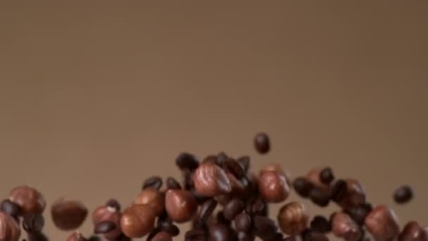 Kacang Kopi Dan Hazelnut Terbang Dalam Gerakan Lambat Ditembak Dengan — Stok Video