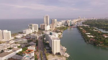Miami, Florida 2019 dolaylarında. Miami plajının gündüz hava görüntüsü. Helikopterden Cineflex gimbal ve RED 8K kamerayla çekildi..