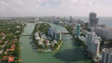 Miami, Florida 2019 dolaylarında. Miami plajının gündüz hava görüntüsü. Helikopterden Cineflex gimbal ve RED 8K kamerayla çekildi..