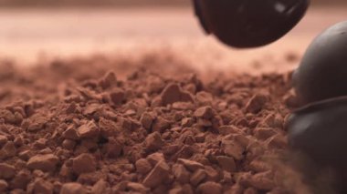Çikolata trüf mantarı çikolata tozunun içine süper yavaş çekimde düşüyor. Phantom Flex 4K yüksek hızlı kamera görüntüsü.